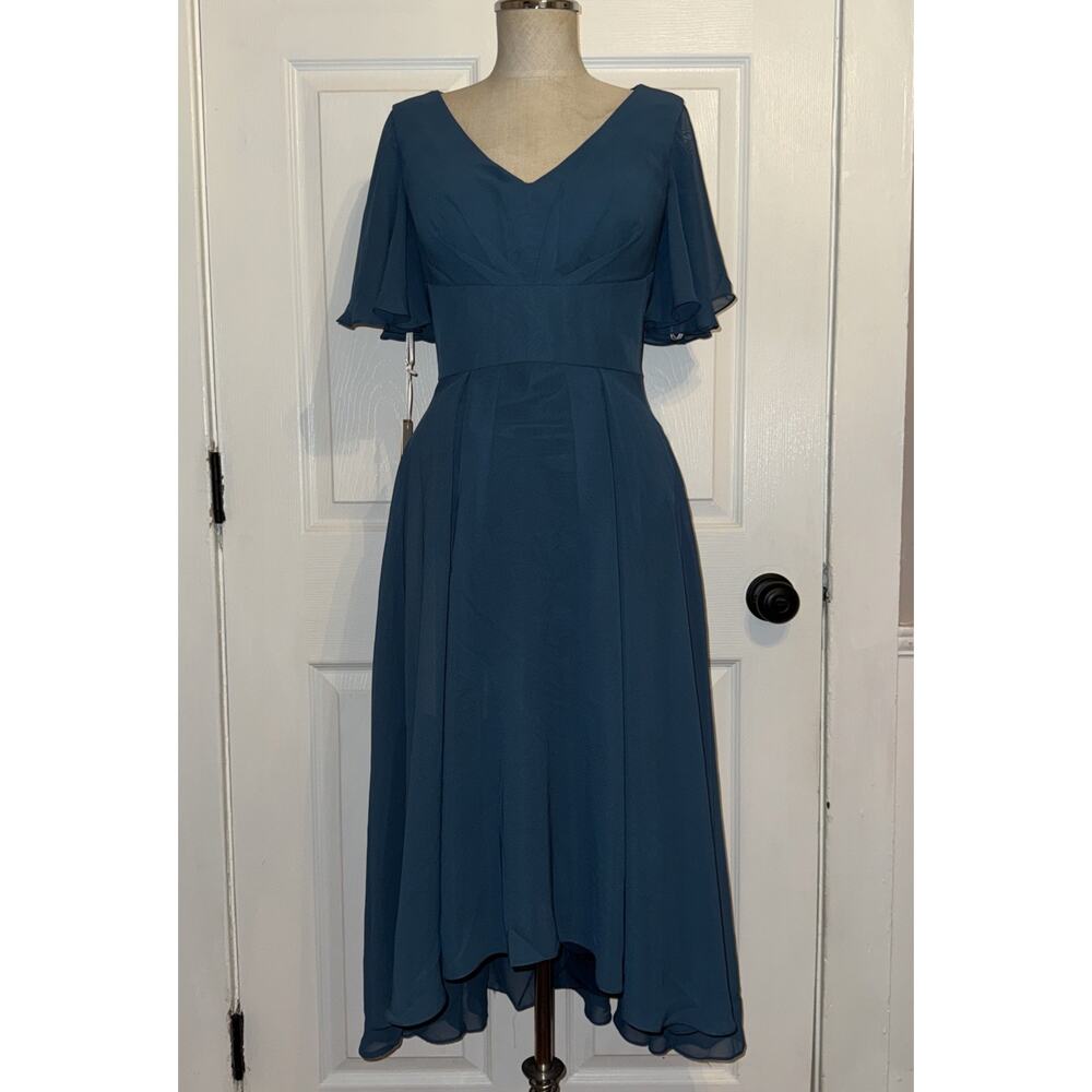 New JJ's House Ink Well Blue Midi Flutter Sleeve‎ V Neck Formal Dress Size 2